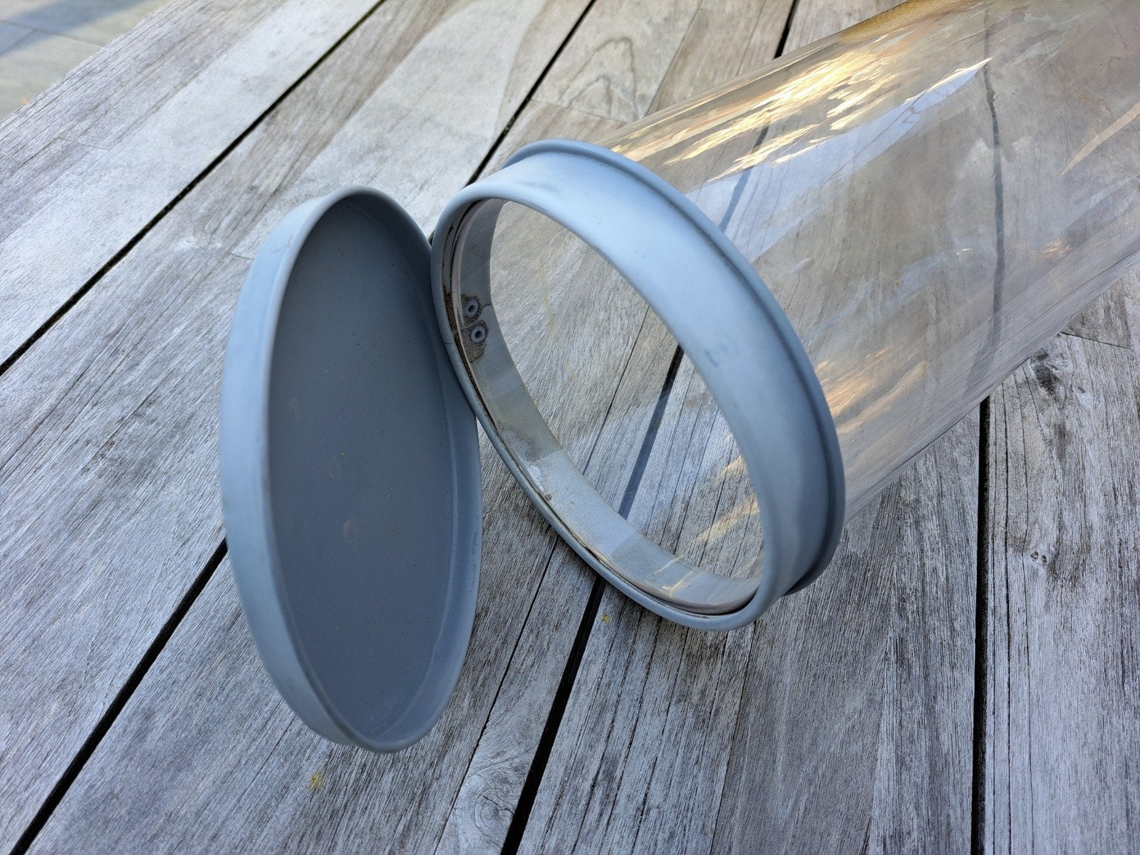 antieke glazen voorraadpot met grijze deksel, Ophalen of Verzenden, Glas, Grijs, Gebruikt