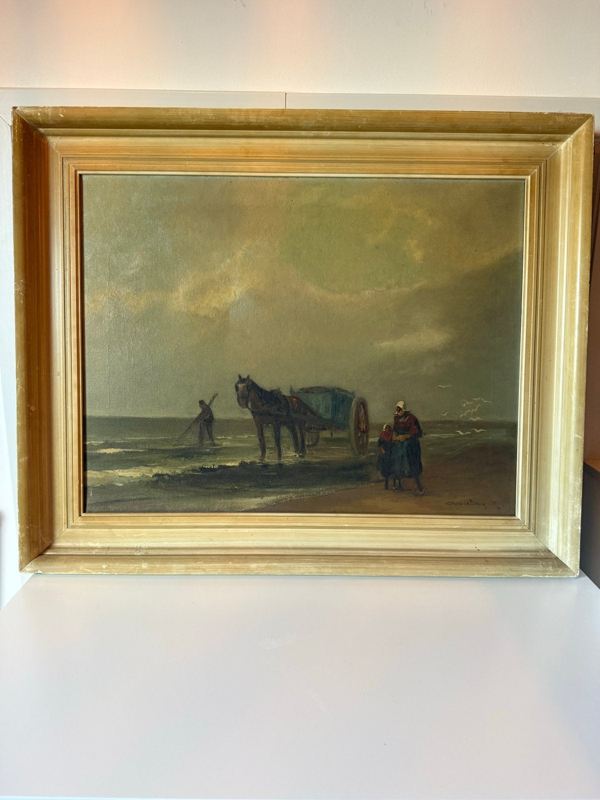 Olieverfschilderij strandgezicht met paard en figuren, Ophalen, Maritiem / water, Doek, Gesigneerd