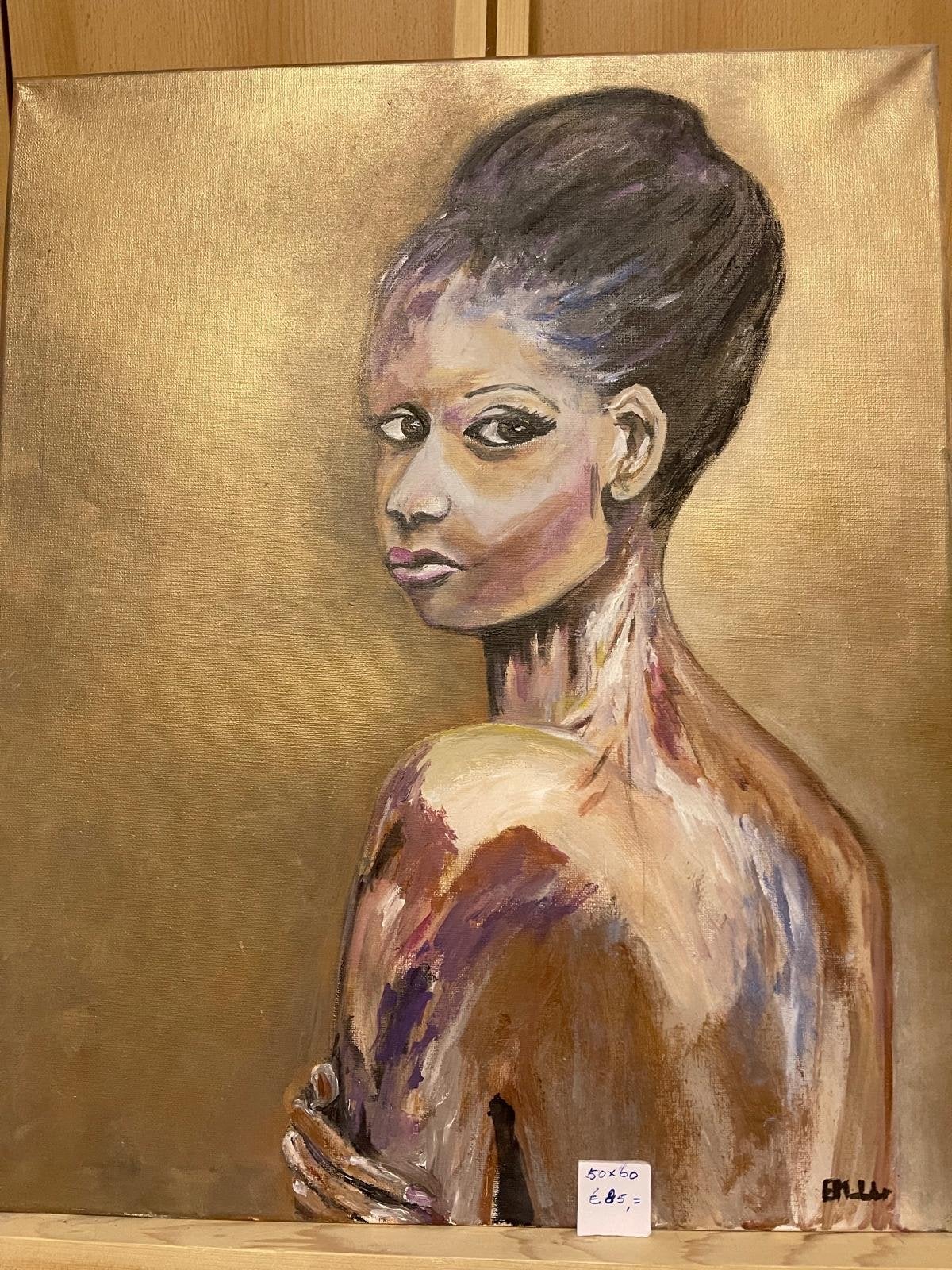 Modern portret van een vrouw op gouden achtergrond, Ophalen, Acrylverf, Gesigneerd, Portret