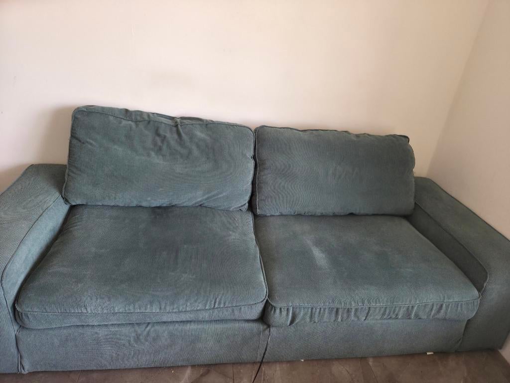 IKEA KIVIK 3-zitsbank + 2 Hockers – Petrol Ribstof, Ophalen, Gebruikt, 75 tot 100 cm, 200 tot 250 cm