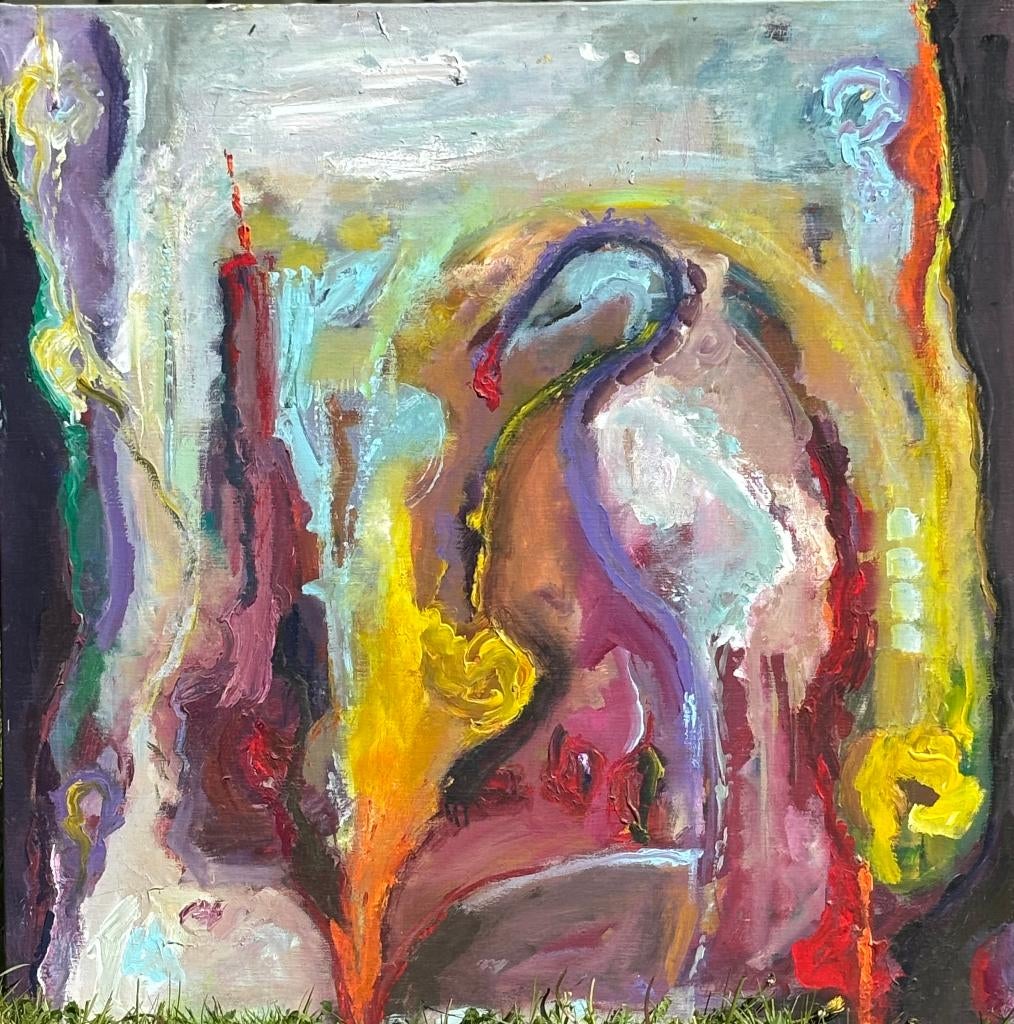 Kraanvogel&Viool Acrylverf schilderij met metalen frame, Antiek en Kunst, Ophalen of Verzenden