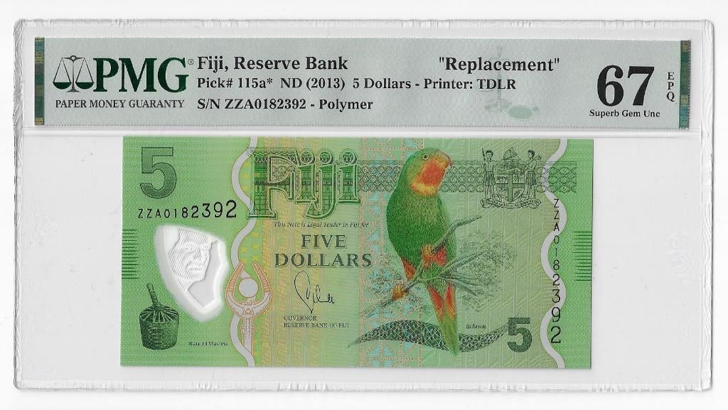 Fiji Islands 5 Dollars 2013 Unc Polymer Repl. PMG 67 EPQ, Ophalen of Verzenden, Los biljet