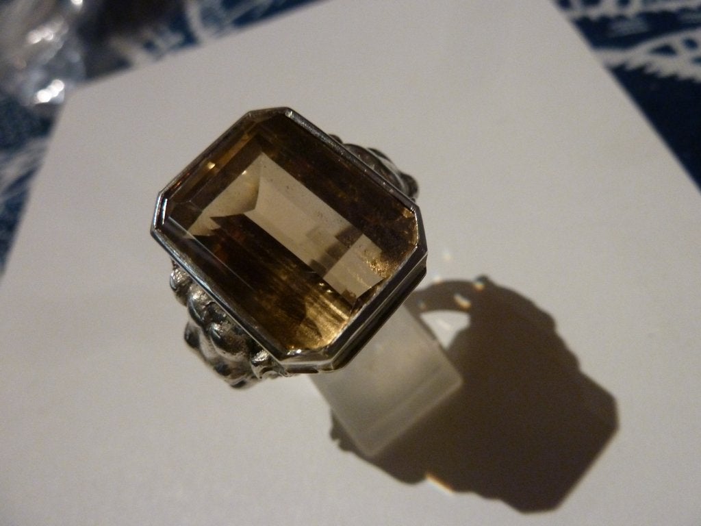Antieke Indische zilveren ring met olifanten + grote citrien, Verzenden, Zilver, Ring, Met edelsteen