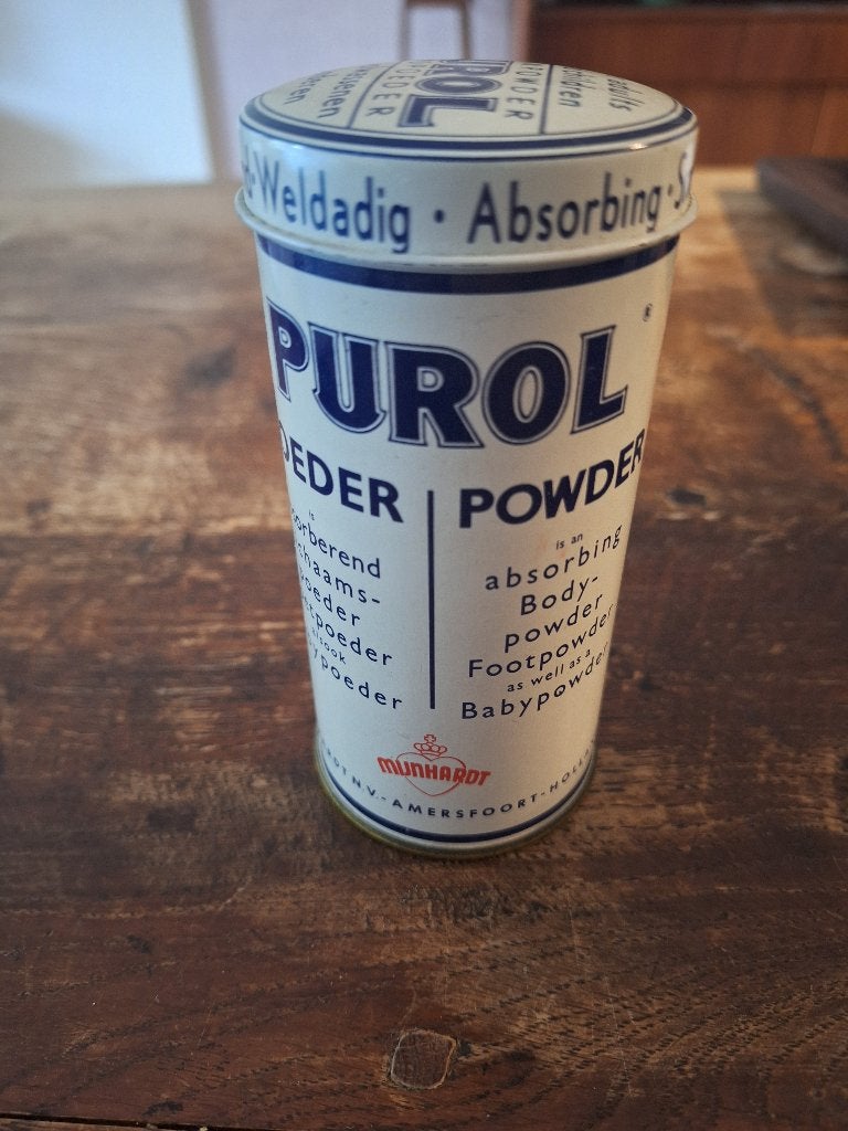 Vintage PUROL poeder blik – Mijnhardt – met (open) inhoud, Verzamelen, Ophalen of Verzenden, Gebruikt, Overige