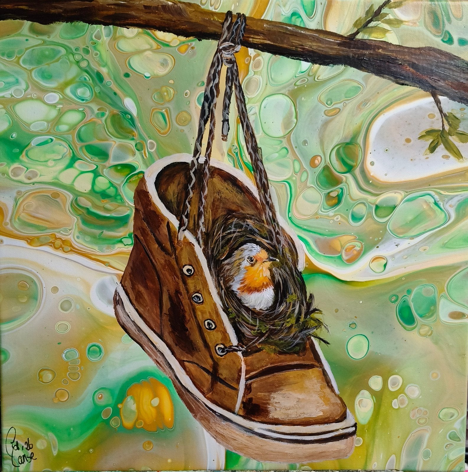 schilderij roodborstje in schoen, Ophalen of Verzenden, Nieuw, Minder dan 50 cm, Schilderij