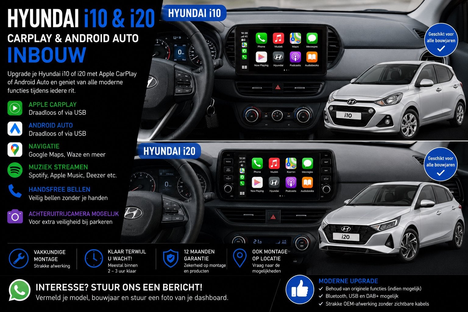 Hyundai i10 & i20 CarPlay & Android Auto Inbouw, Ophalen, Nieuw