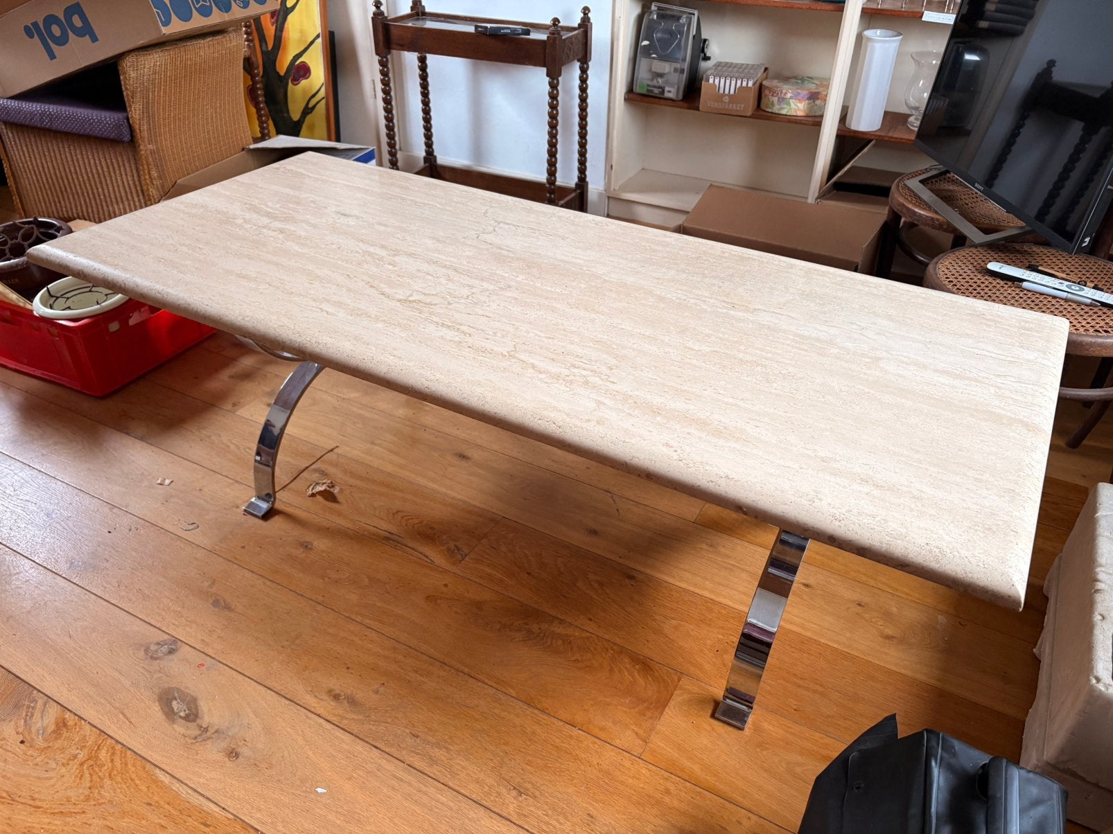 Vintage travertin salontafel of verchroomd stalen onderstel, Ophalen, 50 – 75, Gebruikt, Overige materialen