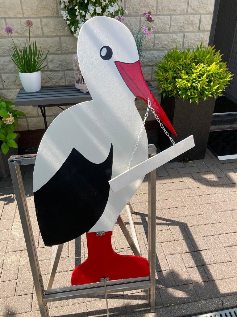 Geboorte aankondiging ooievaar met naambordje, Ophalen, Nieuw, Geboortebord