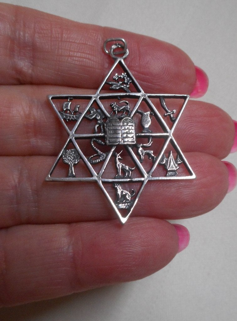 Zilveren David ster hanger met 12 Joodse stammen nr.1735, Verzenden, Zo goed als nieuw, Kruis of Symbool, Zilver