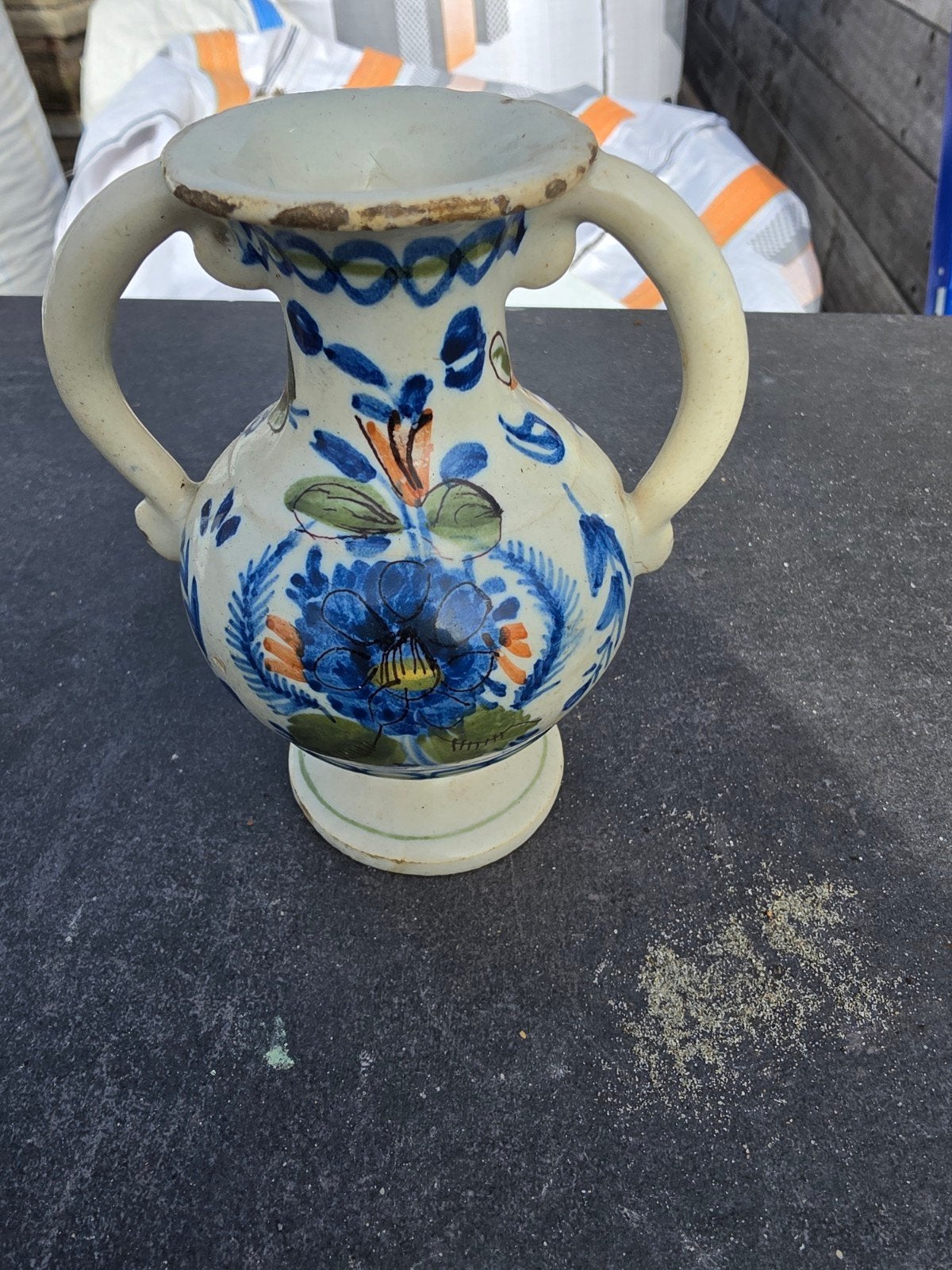 Antieke Delfts Blauw vaasje met handvatten, 13 cm hoog, Ophalen of Verzenden