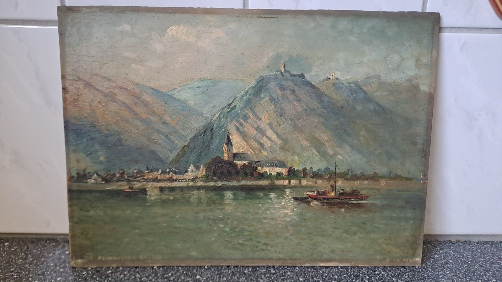 Antiek schilderij: Gezicht op de Rijn met schepen, Antiek en Kunst, Kunst | Schilderijen | Klassiek, Paneel, Ophalen of Verzenden