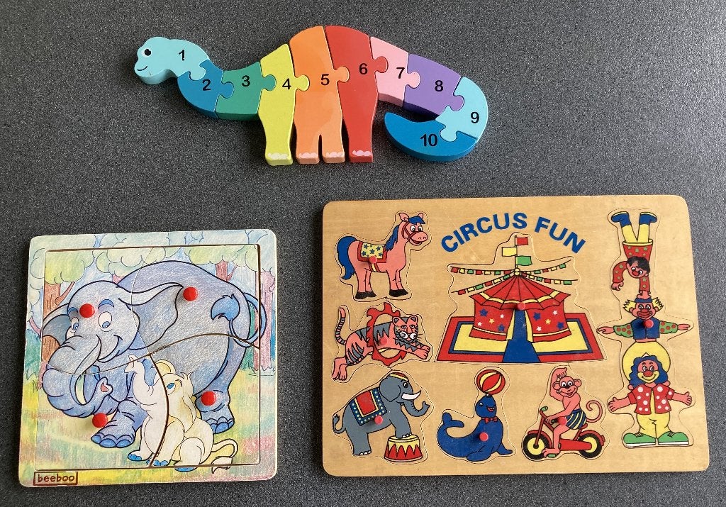 3 mooie houten puzzels zgn circus dino met cijfers olifanten, Ophalen of Verzenden, Meer dan 50 stukjes, Zo goed als nieuw, 6 maanden tot 2 jaar