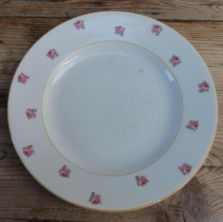 Groot Frans brocante bord / schaal met roze roosjes, Digoin, Gebruikt, -, -, Ophalen of Verzenden