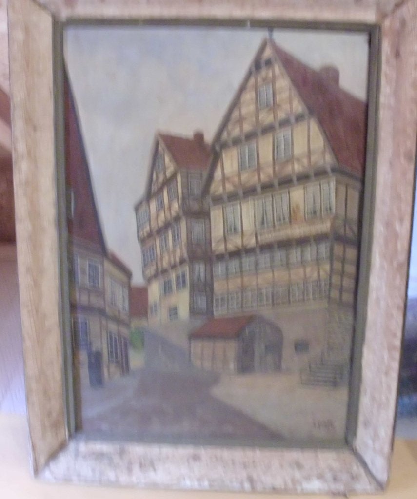 Olieverf, Vakwerk huizen , met signatuur., Antiek en Kunst, Kunst | Schilderijen | Klassiek, Paneel, Origineel werk, Impressionistisch