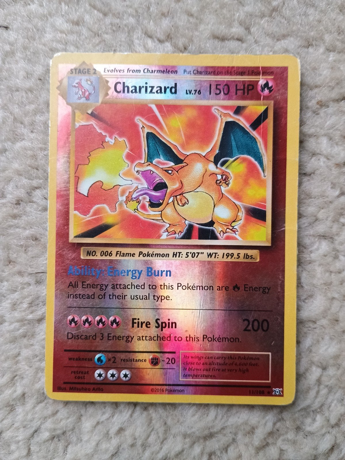 Charizard reverse holo 11/108 evolutions oude kaart, Ophalen of Verzenden, Gebruikt, Losse kaart, Foil