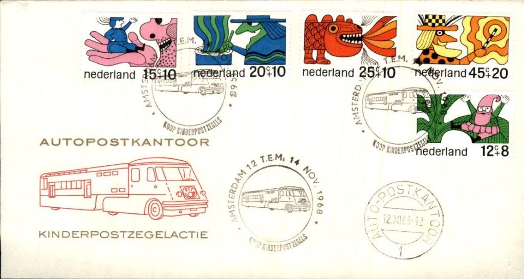 Amsterdam - Autopostkantoor - kinderzegels - 1968, Postzegels en Munten, Ophalen of Verzenden, Envelop