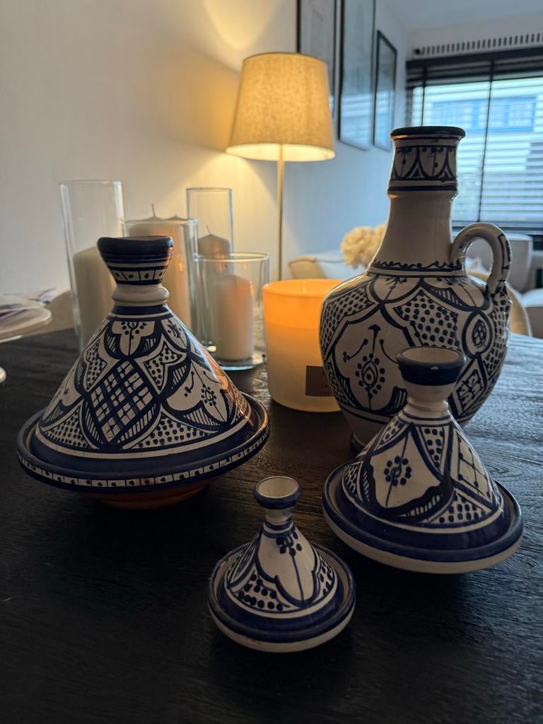 Marokkaanse tajine en kruik set, Ophalen of Verzenden, Gebruikt, Blauw, Aardewerk of Porselein