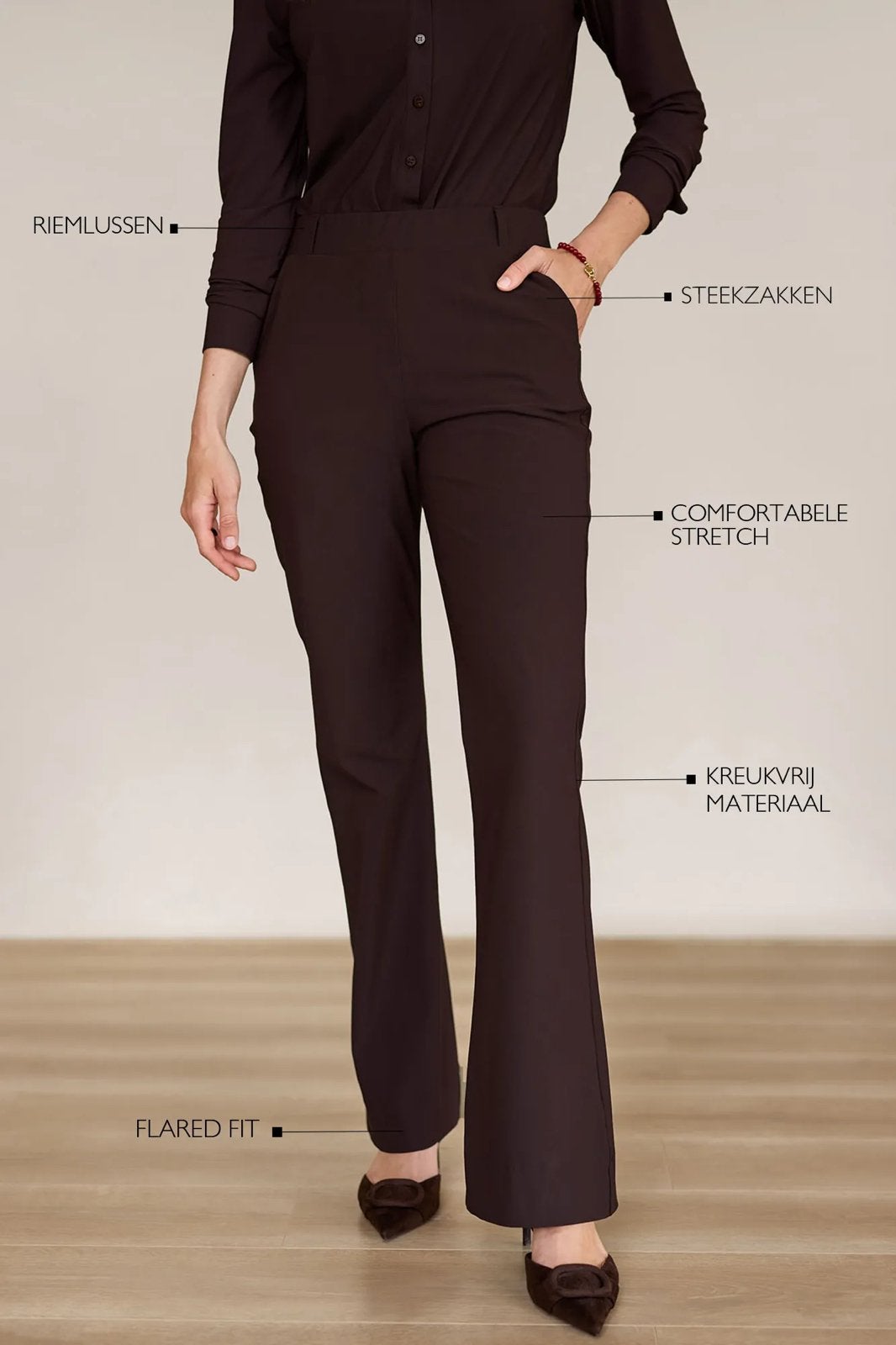 Studio Anneloes flared bonded broek espresso travelstof mt S, Bruin, Ophalen of Verzenden, Zo goed als nieuw, Maat 36 (S)