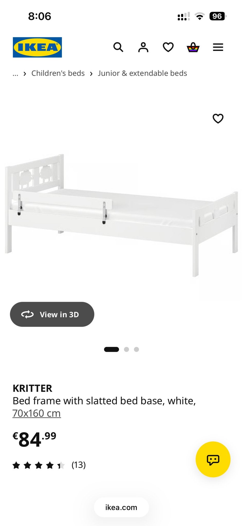 IKEA KRITTER Bedframe met lattenbodem, wit, 70x160 cm, Ophalen, Gebruikt, Wit, 190 cm of minder