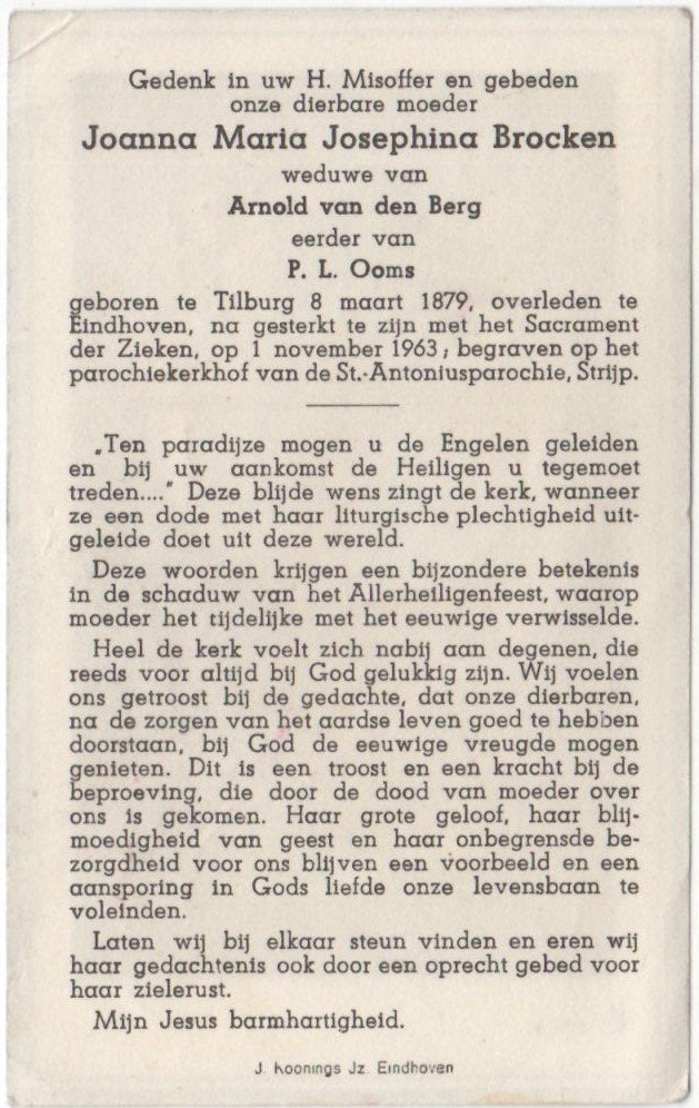 Joanna M.J. Brocken 1879 Tilburg + 1963 Eindhoven, 84 jaar, Ophalen of Verzenden