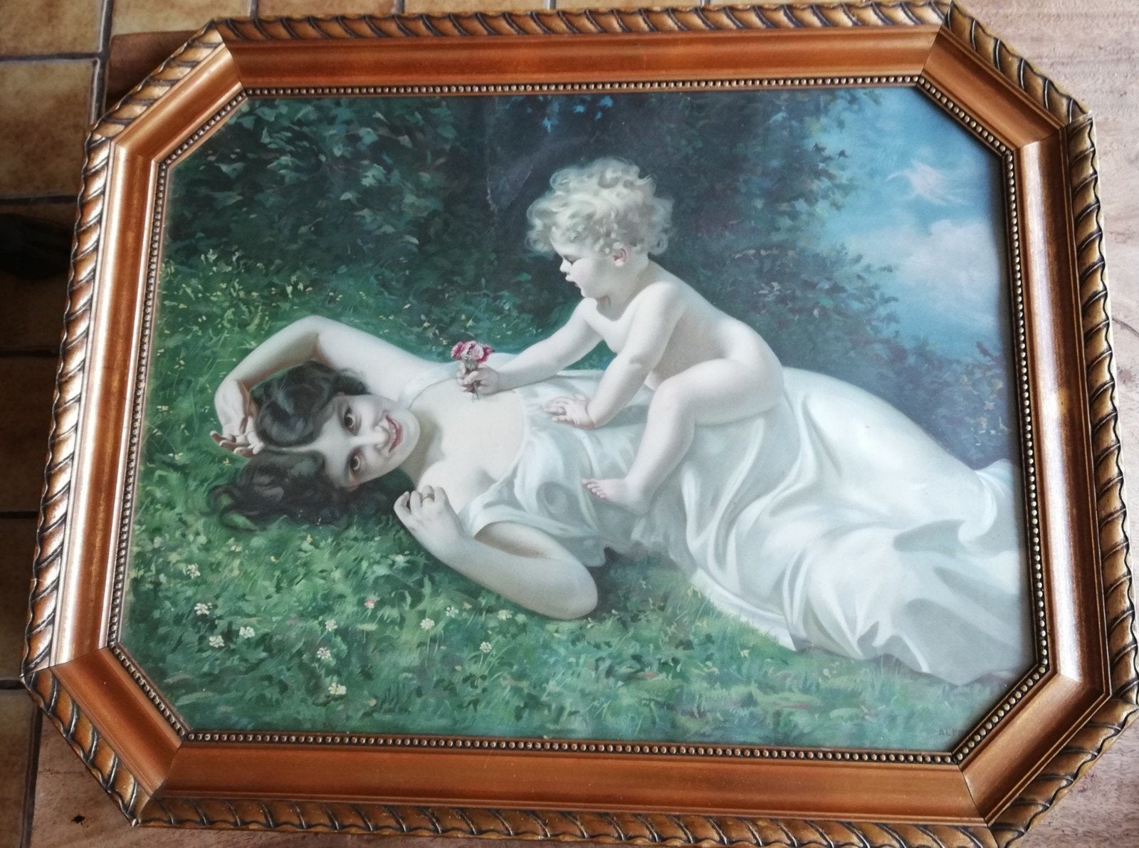 Moeder met kind. Ca 1900. Chromolithografie. 85/67 cm, Ophalen