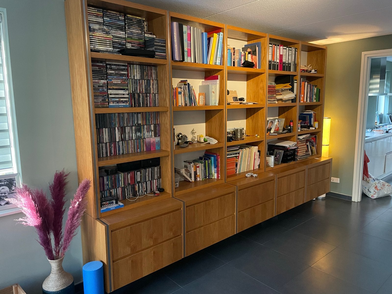 Grote Boekenkast met Ladekast - Licht Eiken (380x230 cm), Ophalen, Gebruikt, Eikenhout, 200 cm of meer