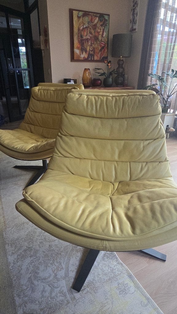 2 Gele Lederen Draai Fauteuils van Lederland, Huis en Inrichting, Ophalen, Gebruikt, 75 tot 100 cm, Leer