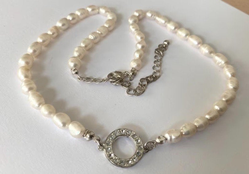 Vintage Prachtige parelketting barok naturel parel met krist, Verzenden, Wit, Zo goed als nieuw, Steen of Mineraal