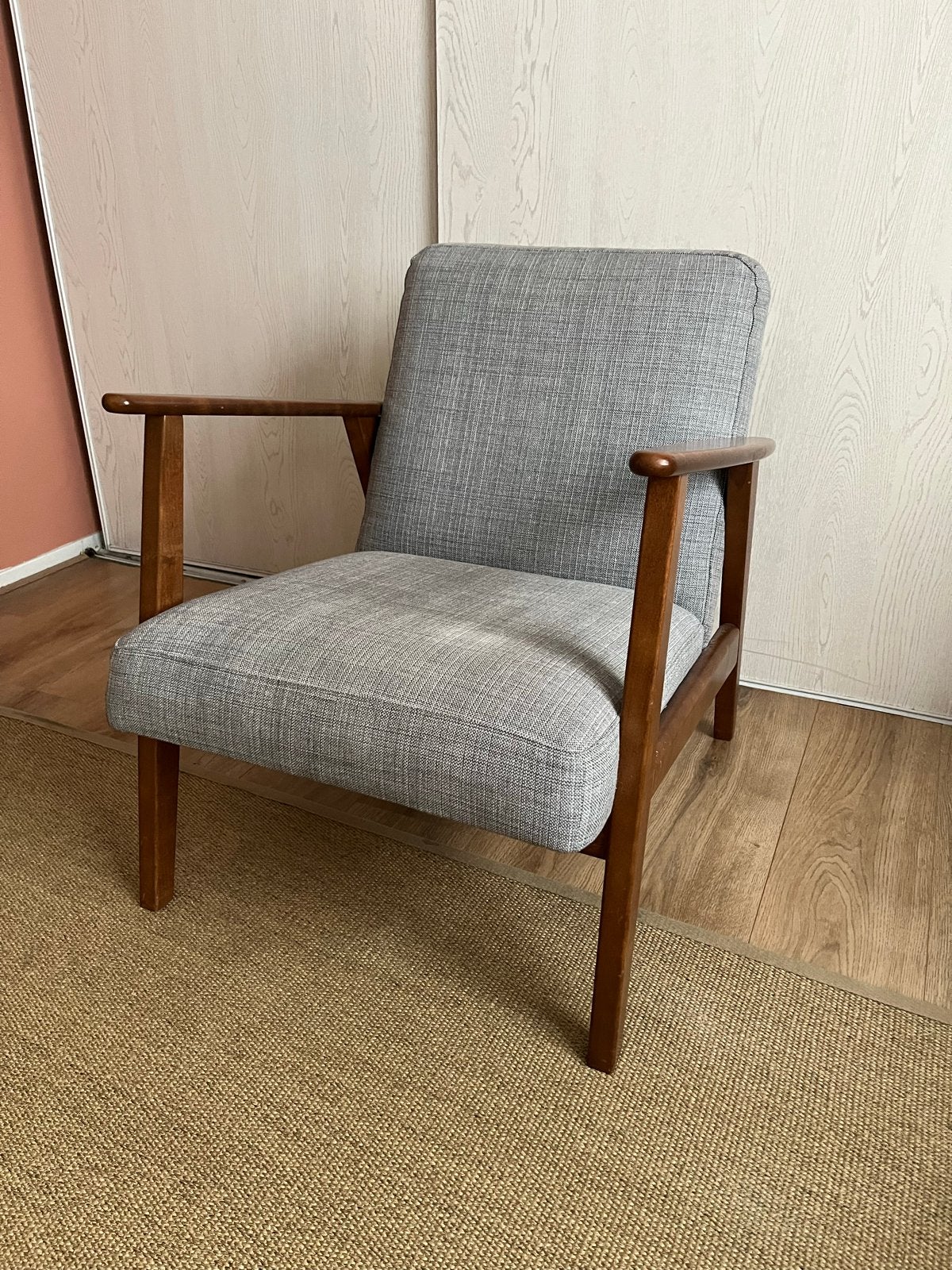 Ekenaset Ikea grijze fauteuil met houten armleuningen, Ophalen, Gebruikt, Hout, Eén