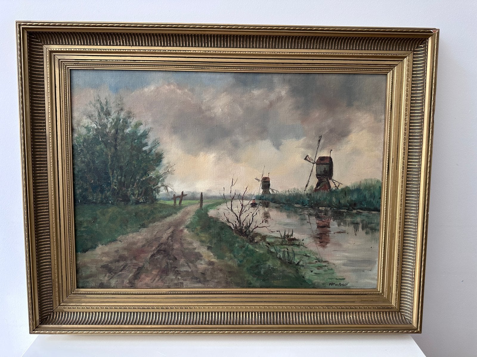 Olieverf op doek Landschap met molens, Ophalen, Olieverf, Landschap, Doek
