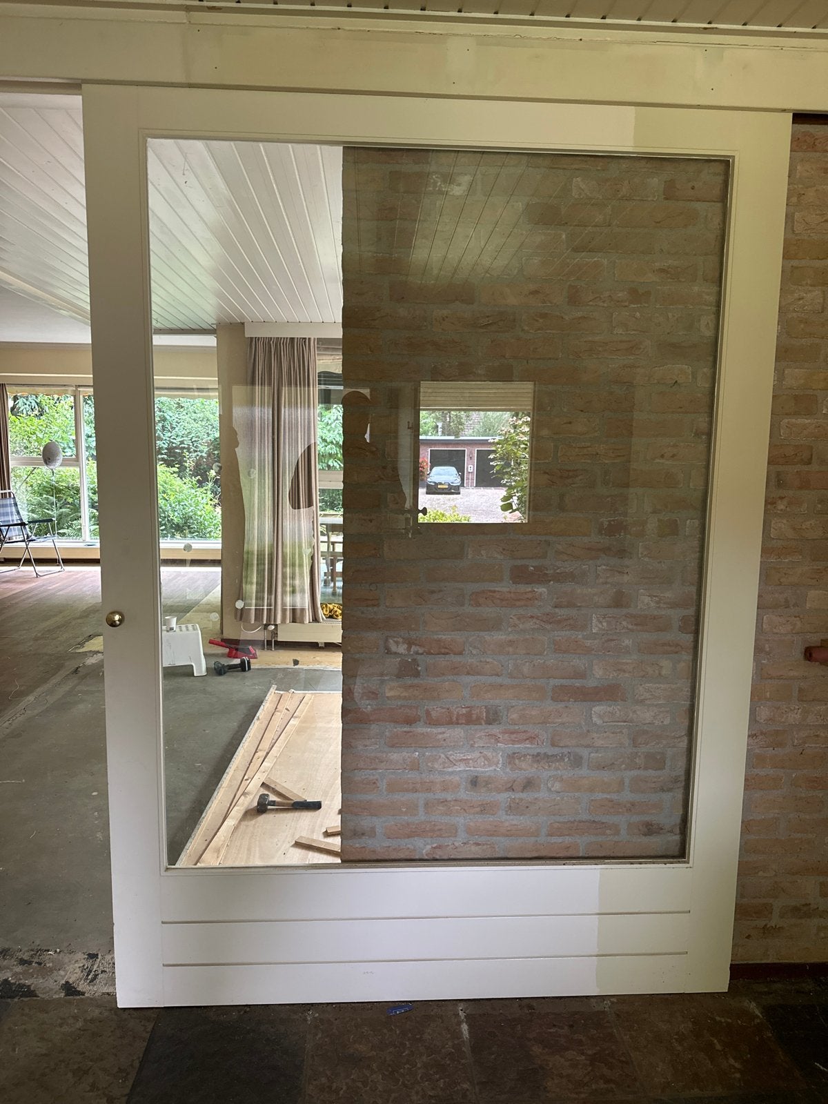Schuifdeur met glas in hangrail, 170x233cm, gratis, Ophalen, Gebruikt, Binnendeur, Glas