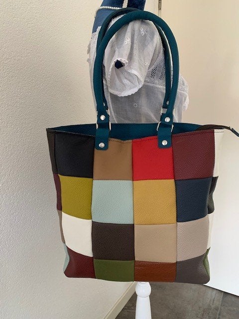 Tas leer shopper patchwork gekleurde lapjes nieuw Nr3, Overige merken, Bruin, Nieuw, Ophalen of Verzenden
