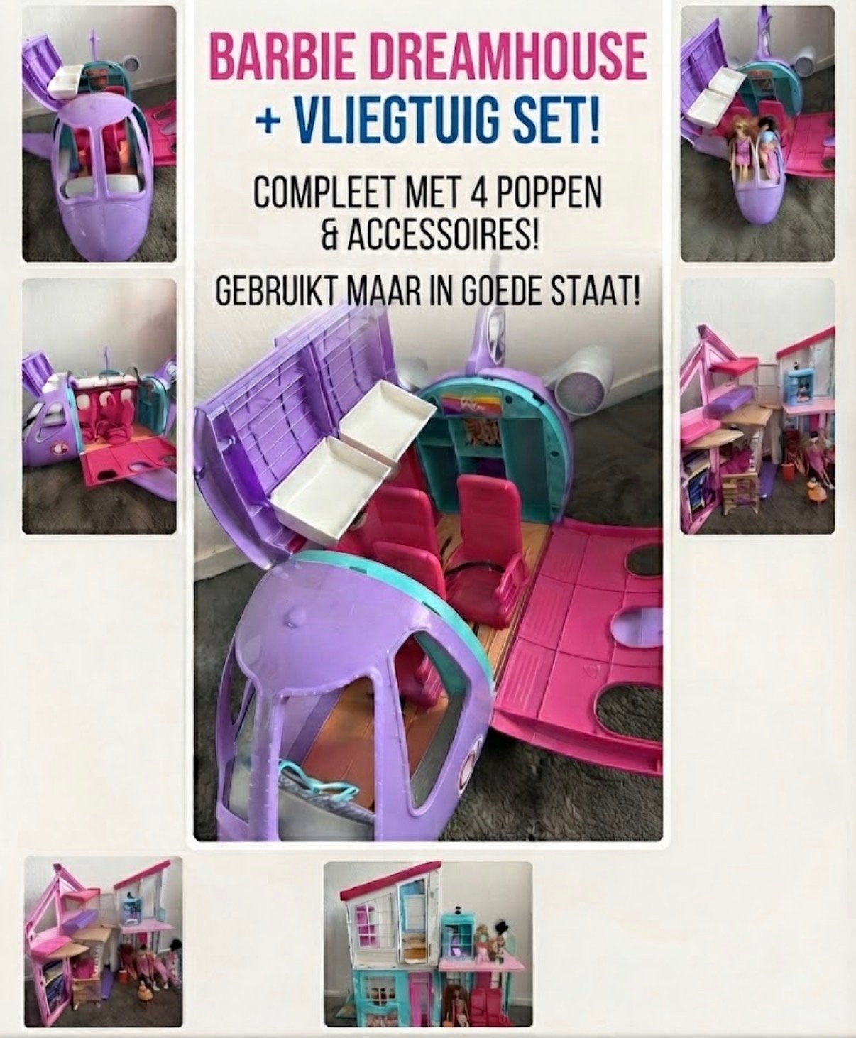 Barbie set: Droomhuis + Vliegtuig + Poppen en accessoires, Ophalen of Verzenden, Zo goed als nieuw, Barbie