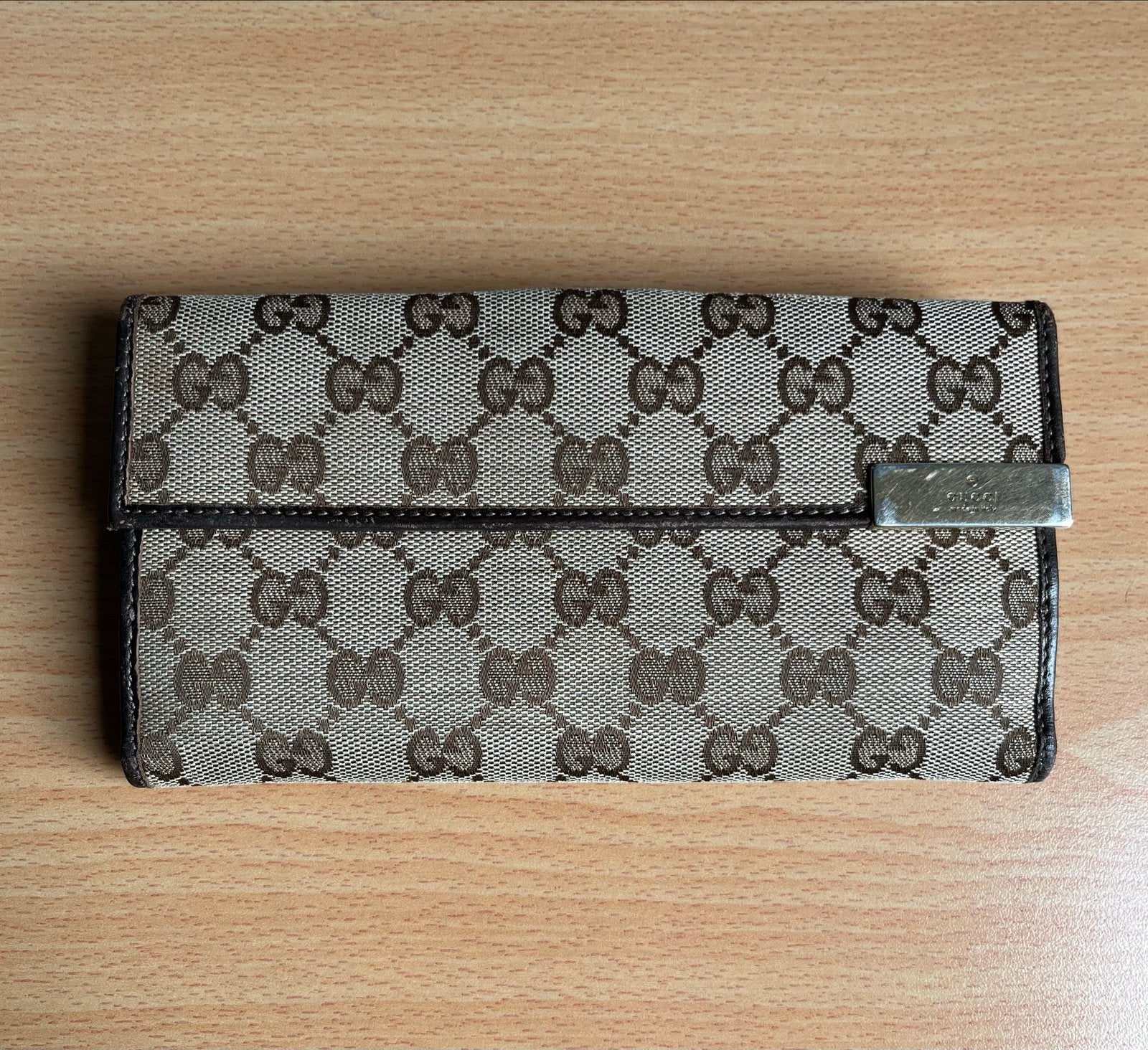 Gucci GG Canvas Long Wallet Beige Brown Leather 257012 2134, Sieraden, Tassen en Uiterlijk, Overige merken, Gebruikt, Bruin, Ophalen of Verzenden
