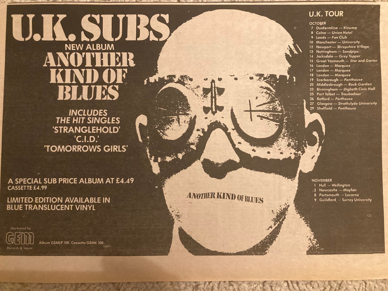A4 advertentie UK SUBS Another Kind Of Blues tour 1979, Ophalen of Verzenden