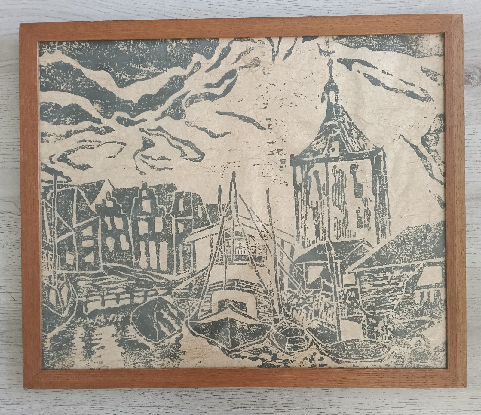 Hildegard Michaelis - Lioba - Stadsgezicht met binnenhaven, Antiek en Kunst, Ophalen of Verzenden, Stadsgezicht, Houtsnede, 1900 - 1949