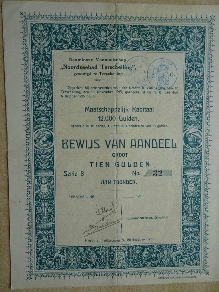 Aandeel "Noordzeebad Terschelling" 1915, Ophalen of Verzenden, 1970 tot heden, Aandeel