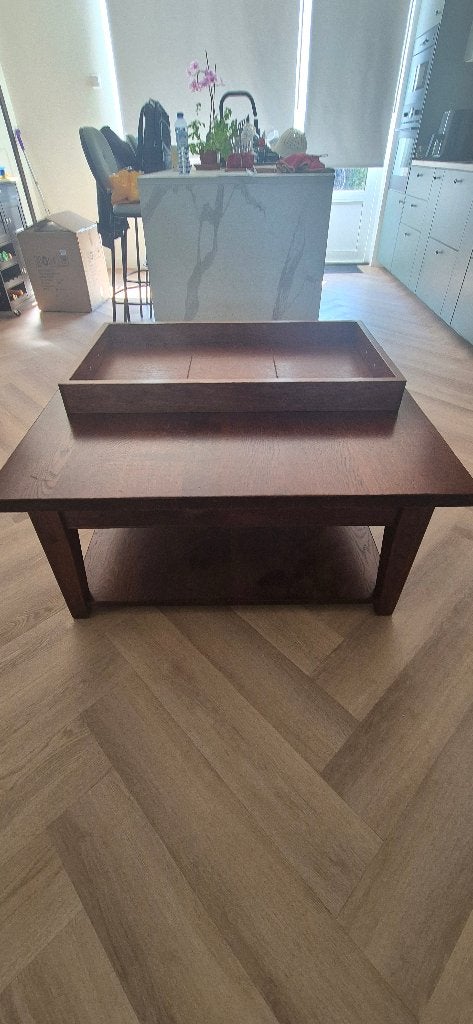 Houten salontafel met lade en dienblad, Ophalen, 100 tot 150 cm, 50 tot 100 cm, Zo goed als nieuw
