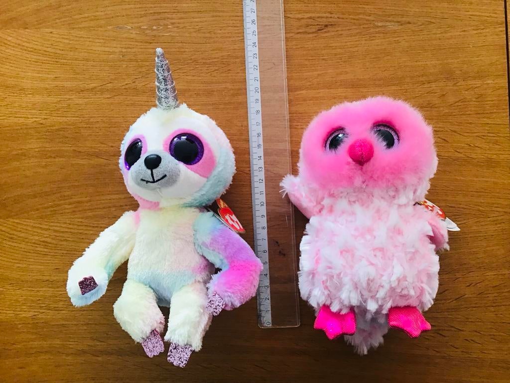 Ty knuffels: Eenhoorn Luiaard en Roze Uil - Zo goed als nieu, Overige karakters, Overige typen, Nieuw, Ophalen of Verzenden