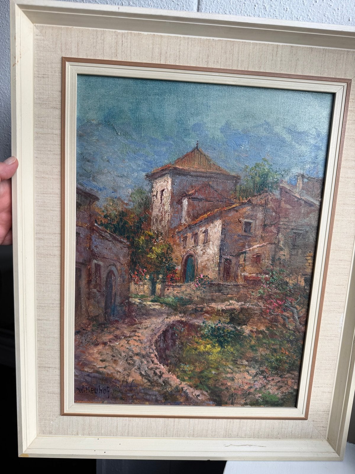 Olieverfschilderij W. Neuhof - Stadsgezicht, Doek, Realistisch, Ophalen of Verzenden, Gesigneerd