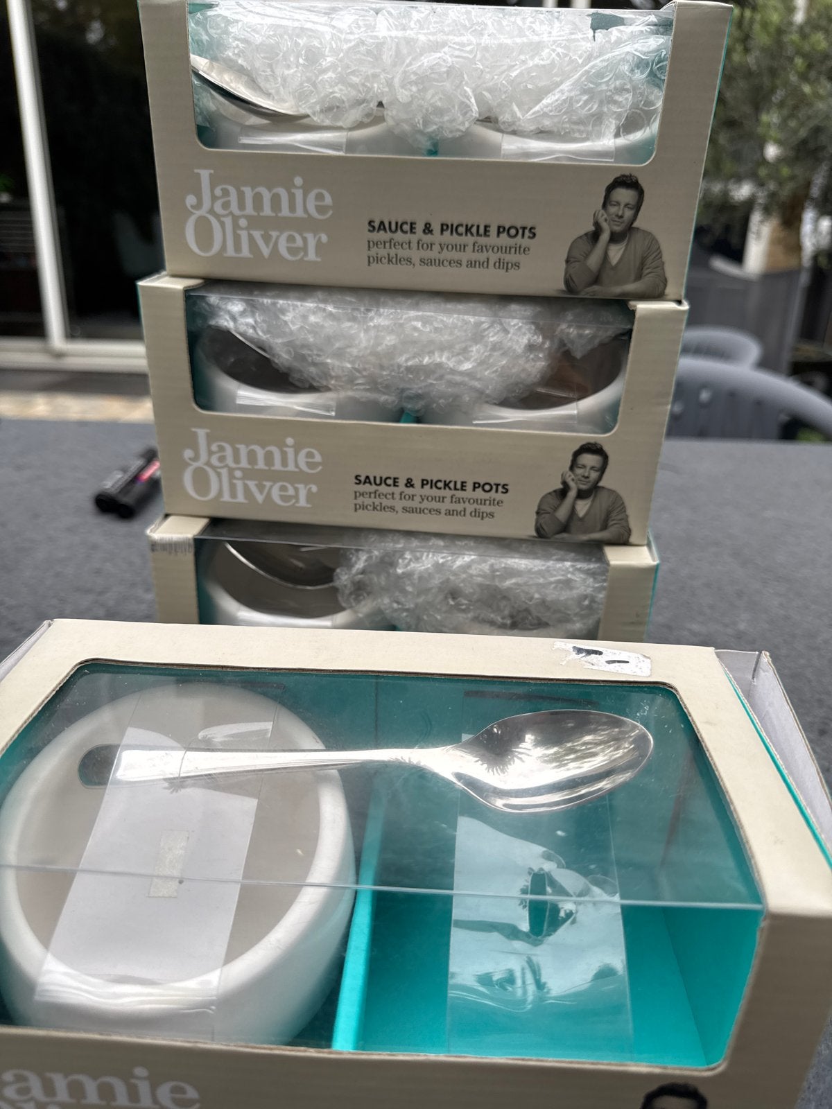 Jamie Oliver Saus- en augurkenpotjes met lepel - Nieuw, Ophalen, Overige typen, Nieuw, Steen/keramiek