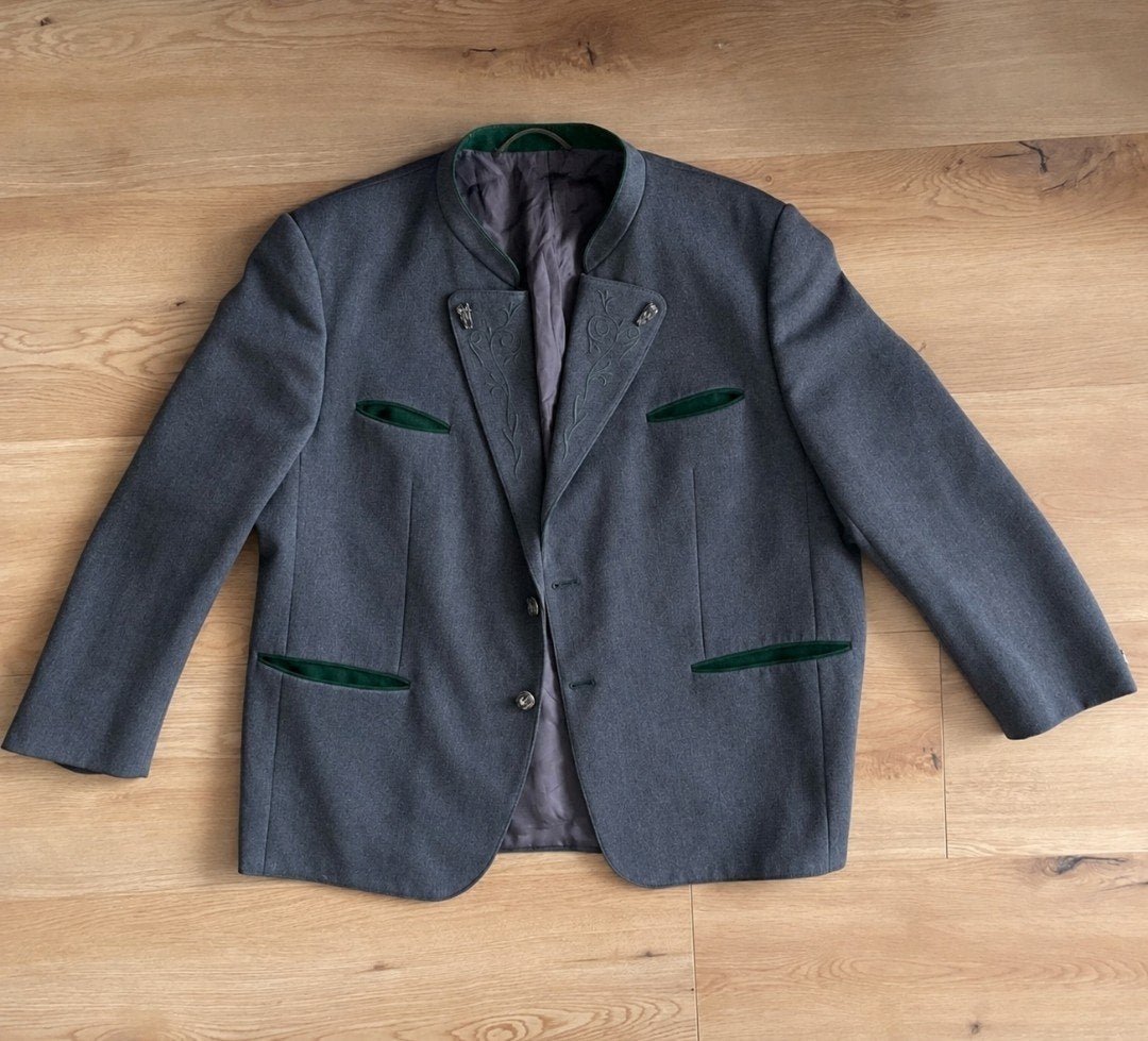Heren colbert in maat L - Grijs met groene details, Maat 48/50 (M), Vintage, Ophalen of Verzenden, Zo goed als nieuw