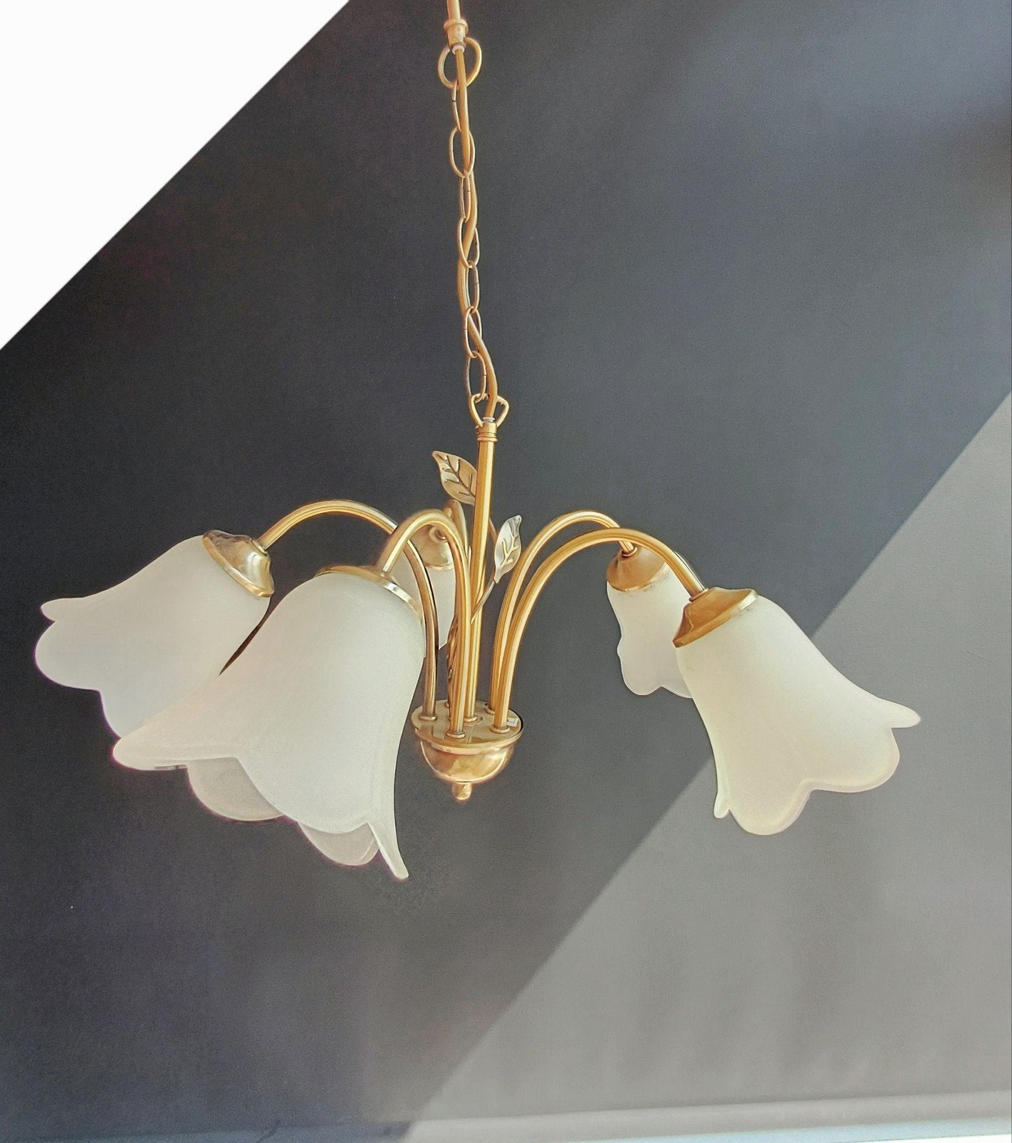 5 Bloemkelken Hanglamp met bladeraccenten, Ophalen, Zo goed als nieuw, Metaal, E14 (klein)