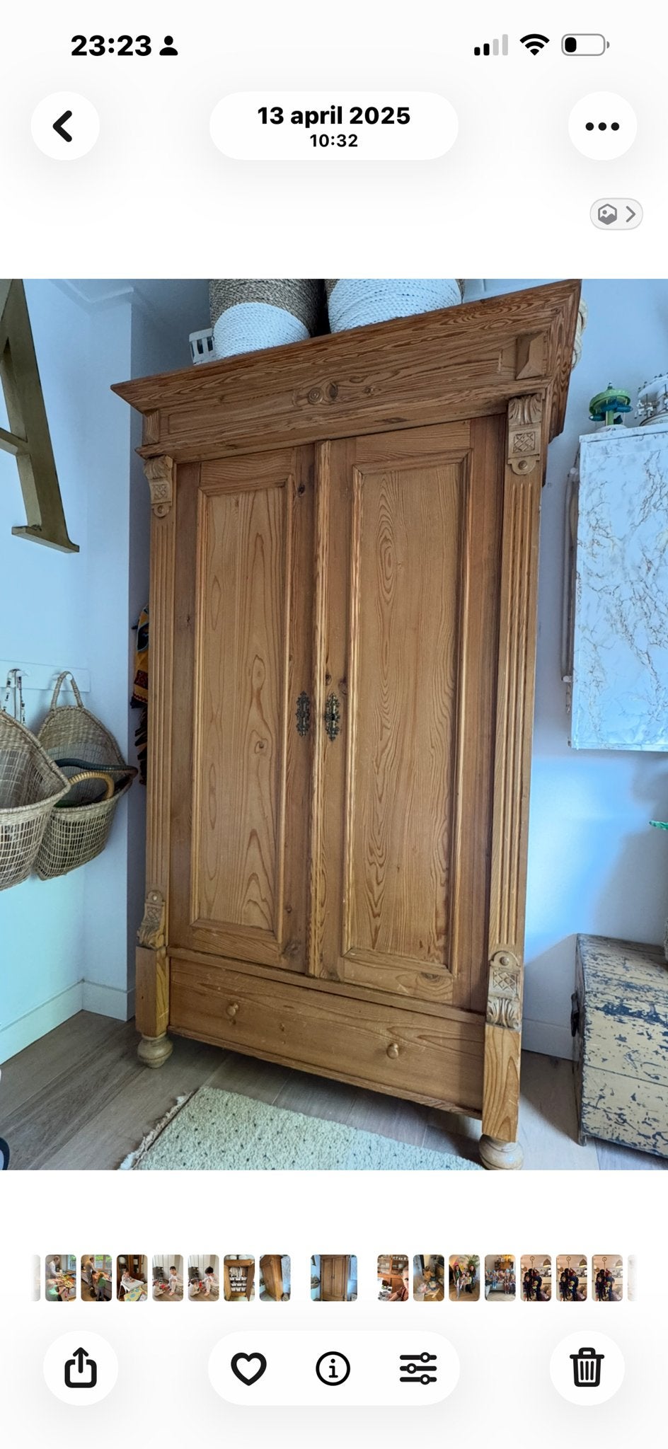 Prachtige Oude Grenen Houten brocante  Kledingkast, Gebruikt, Met lade(s), 25 tot 50 cm, Brocante