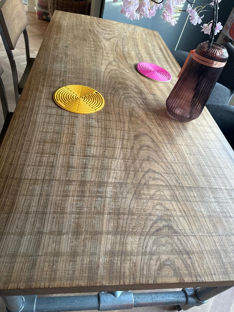 Eetkamer tafel zebrano hout steigerbuis onderstel, Ophalen, 50 tot 100 cm, Zo goed als nieuw, Vijf personen of meer