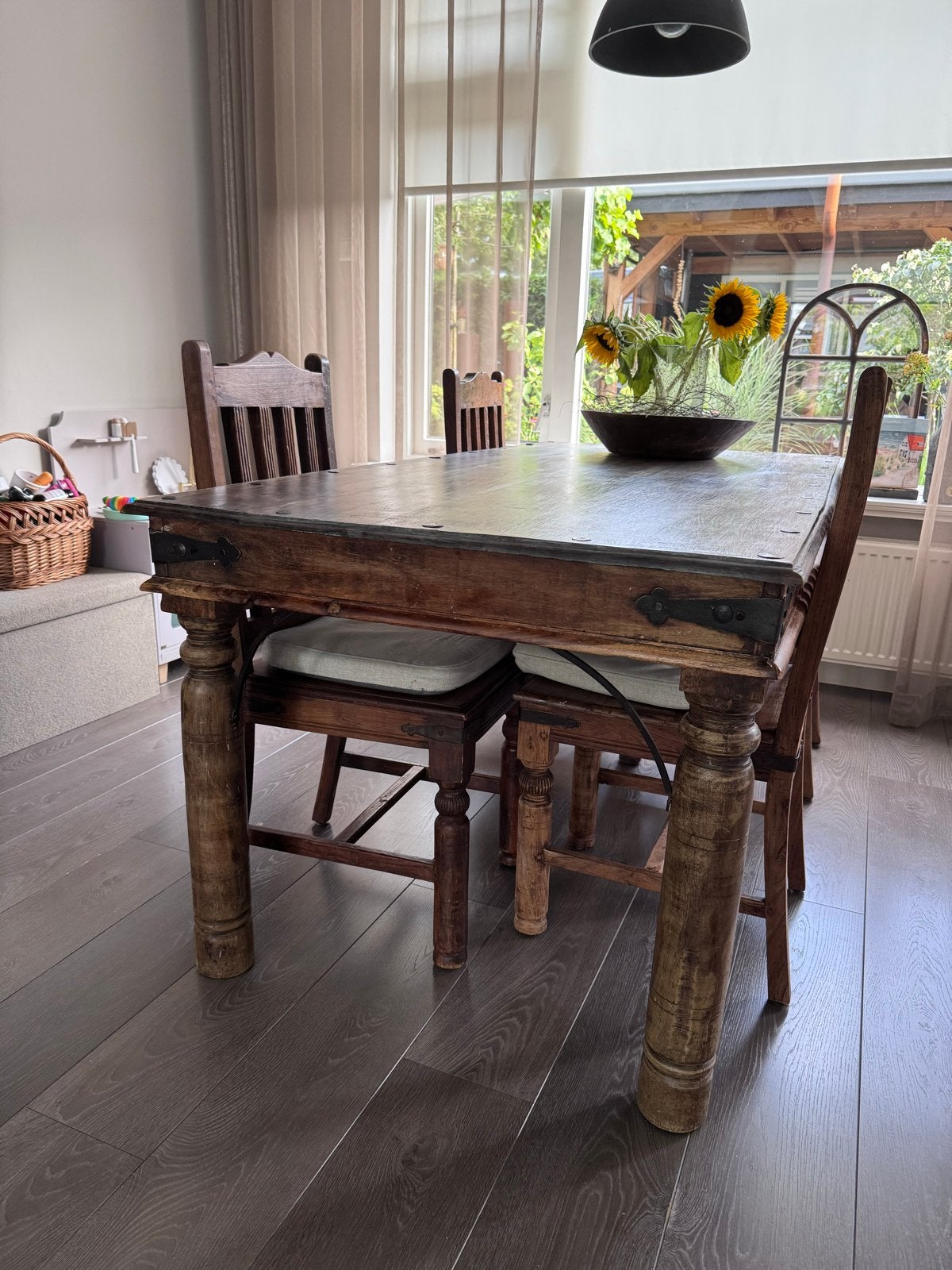 Eetkamer set: Kasteeltafel met 4 stoelen, Ophalen, Gebruikt, 100 tot 150 cm, 50 tot 100 cm