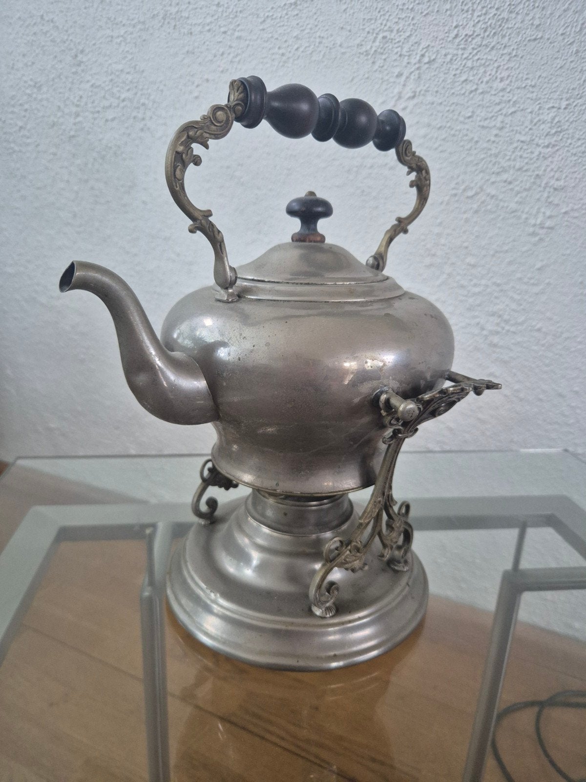 Antieke tinnen theeketel met spiritusbrander, Ophalen of Verzenden