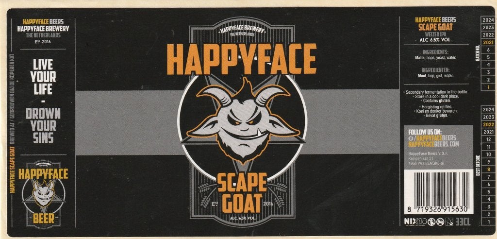 bieretiket Nederland Happy Face Heemskerk : Scape Goat, Verzamelen, Verzenden, Nieuw, Overige typen, Overige merken