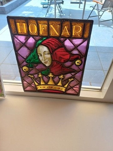 Hofnar reclame gebrandschilderderde glas in loodraam, Ophalen, Gebruikt, Reclamebord