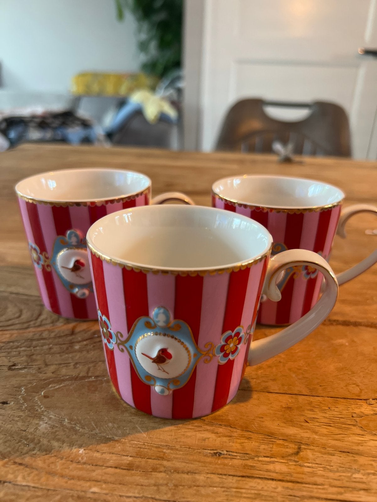Set van 3 Pip Studio Love Birds mokjes rood/roze gestreept, Pip Studio, Nieuw, Modern, Porselein
